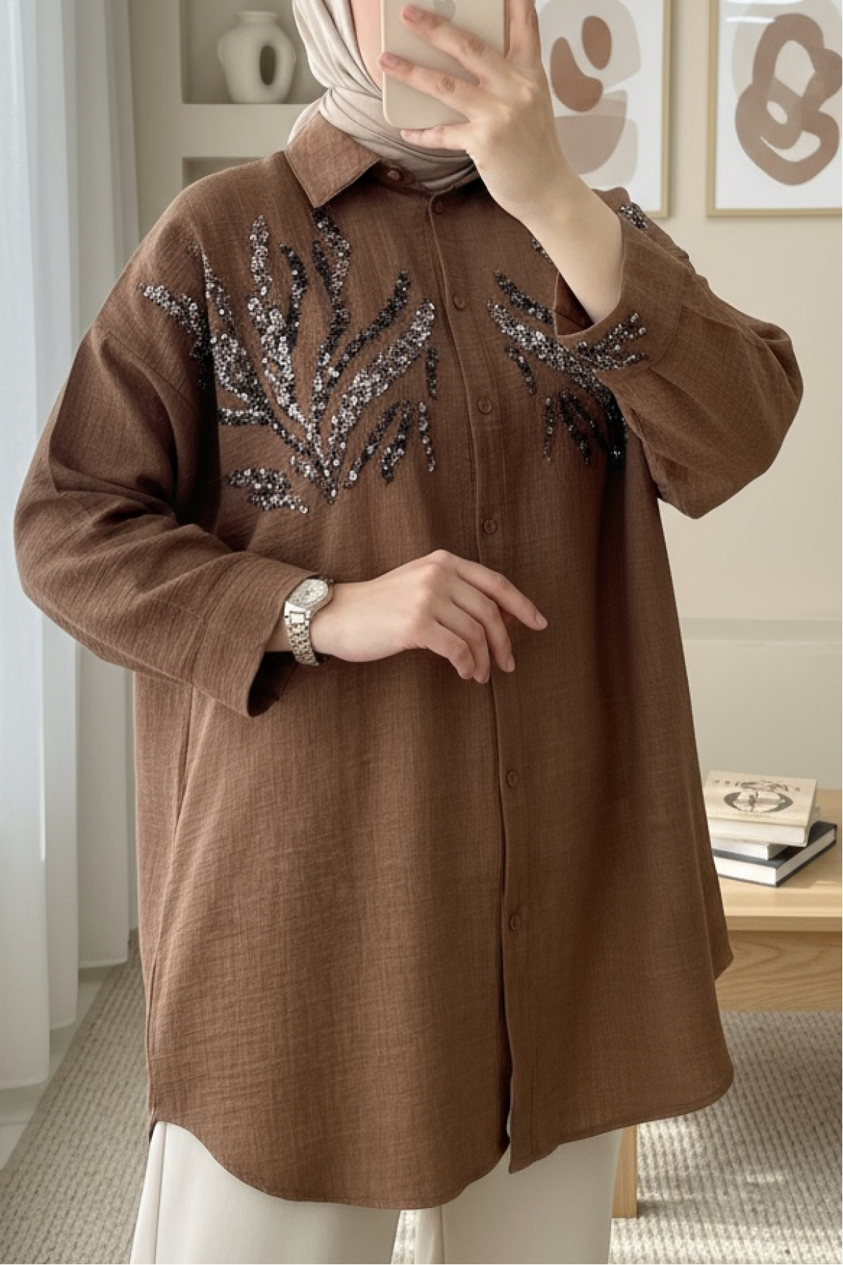 Sequined Long Shirt with Front Sequins    -Brown