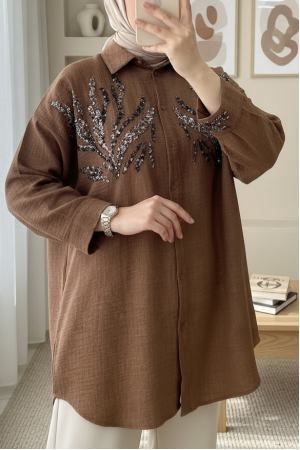 Önü Pul Payetli Uzun Gömlek    -Kahve