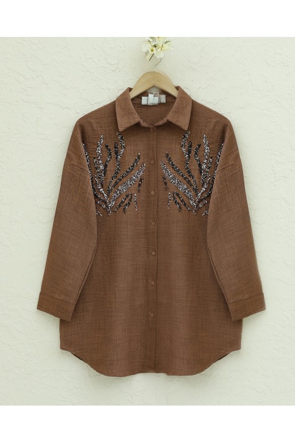 Sequined Long Shirt with Front Sequins    -Brown
