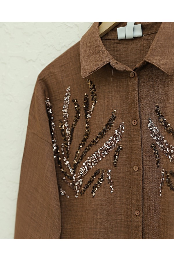 Sequined Long Shirt with Front Sequins    -Brown