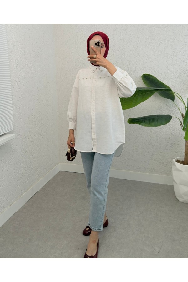 Stone and Pearl Embroidered Linen Shirt -Stone