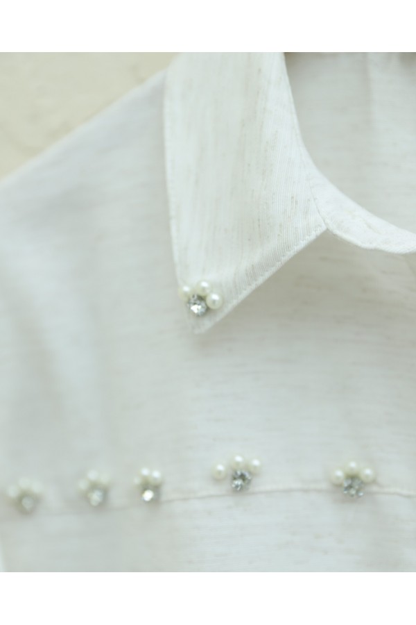 Stone and Pearl Embroidered Linen Shirt -Stone
