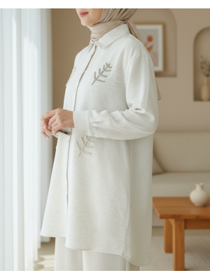 Yaprak Motifli İncili Keten Gömlek -Taş