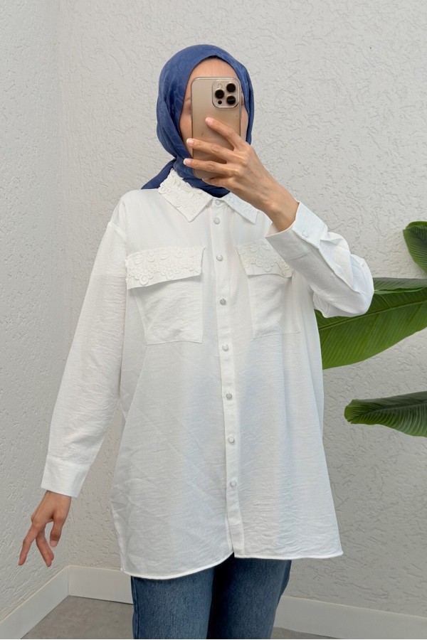 Shirt with Lace Detail on Collar and Pockets -White