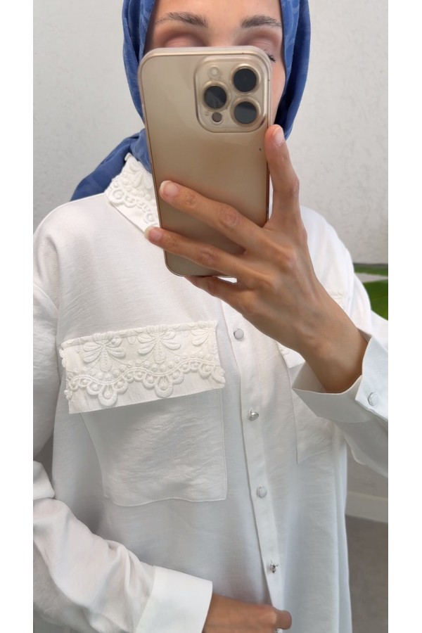 Shirt with Lace Detail on Collar and Pockets -White