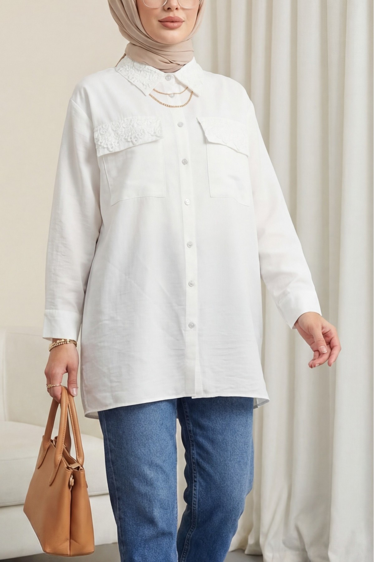 Shirt with Lace Detail on Collar and Pockets -White