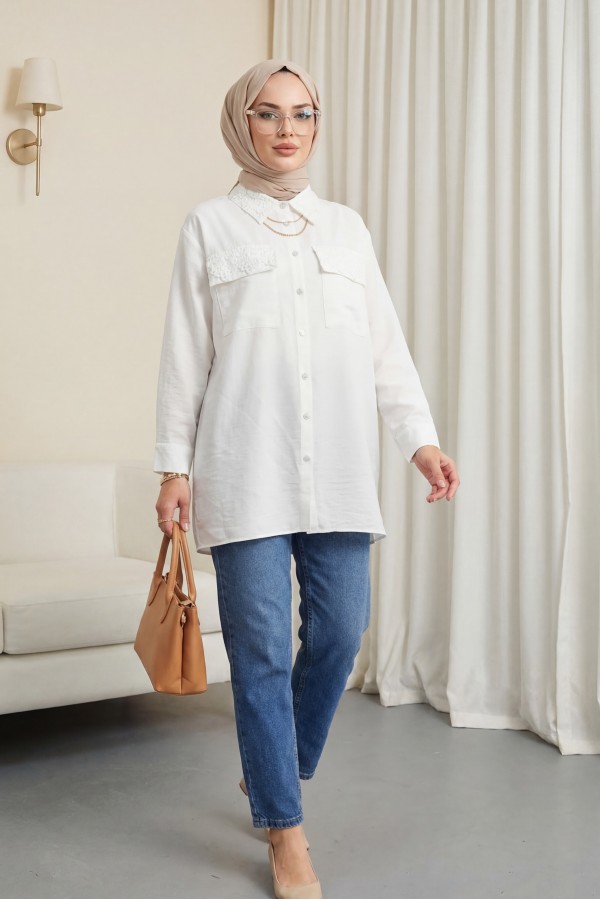 Shirt with Lace Detail on Collar and Pockets -White