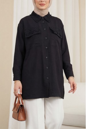 Yakası Ve Cepleri Dantel Detaylı  Gömlek -Siyah