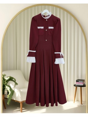 Omzu Vatkalı Kolu Bağcıklı Düğme Detaylı Cepli Pliseli Elbise -Bordo