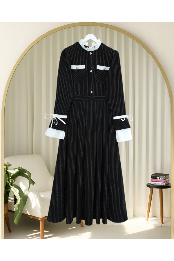 Pleated Dress with Padded Shoulders, Laced Sleeves, Button Detail and Pocket -Black