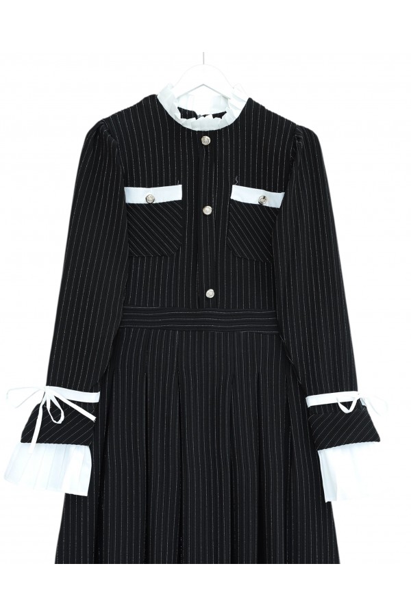Pleated Dress with Padded Shoulders, Laced Sleeves, Button Detail and Pocket -Black