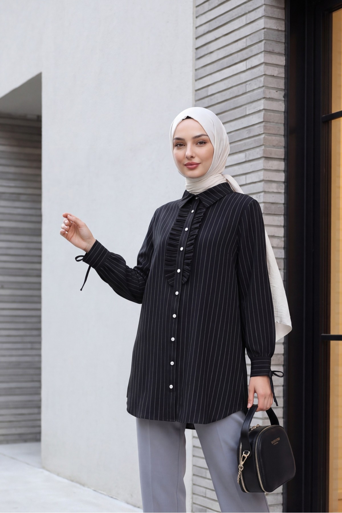 Laced Sleeve Ruffle Front Striped Shirt Tunic -Black