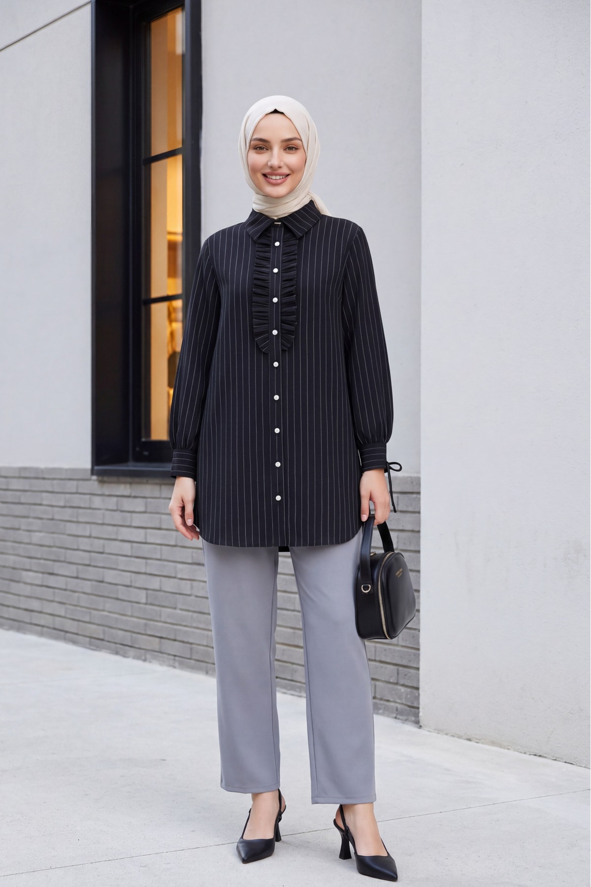 Laced Sleeve Ruffle Front Striped Shirt Tunic -Black
