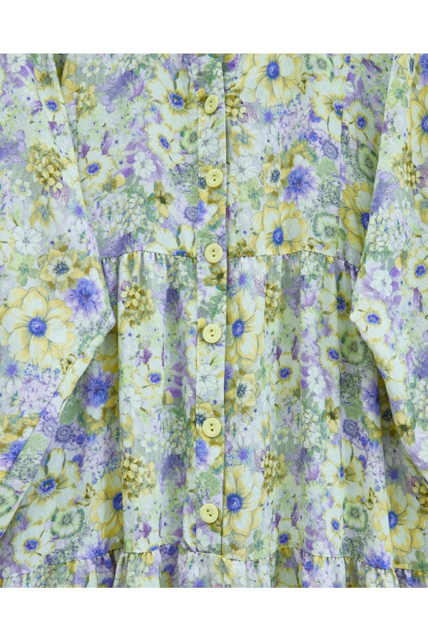 Half-Buttoned Floral Patterned Dress with Elastic Sleeves -LIGHT GREEN