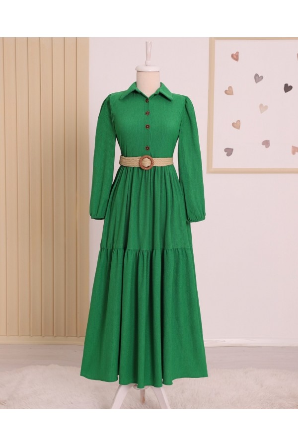 Pieced Half Button Belted Crinkle Dress -Green