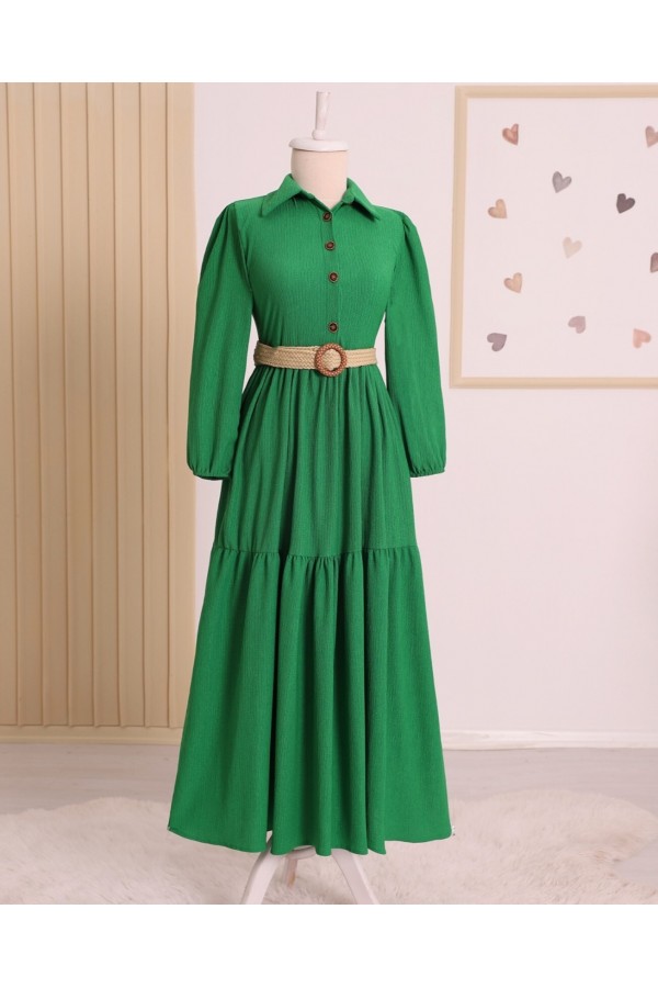 Pieced Half Button Belted Crinkle Dress -Green