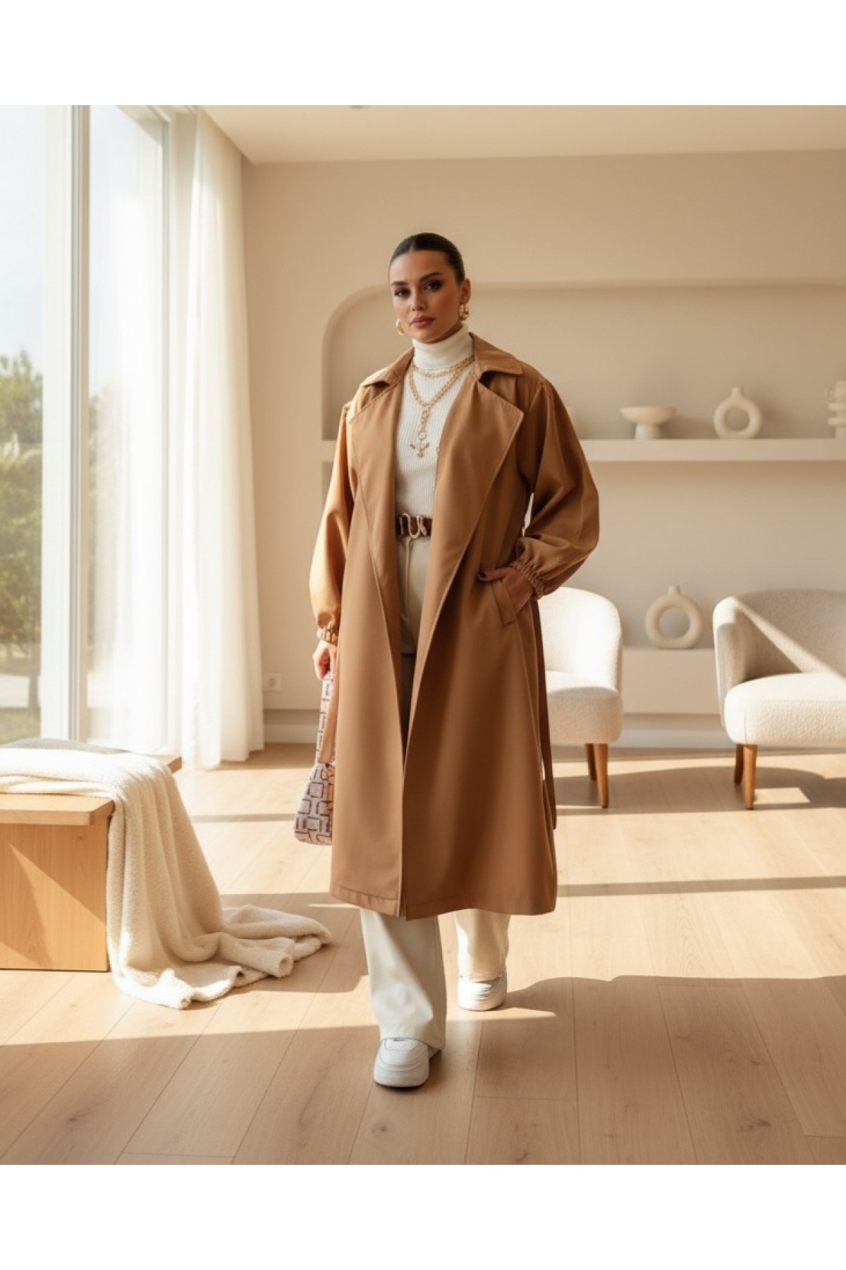 Tie Waist Elastic Arm Hijab Trench Coat -Mink color