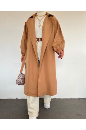 Beli Bağcıklı Kolu Lastikli Tesettür Trenckot -Vizon