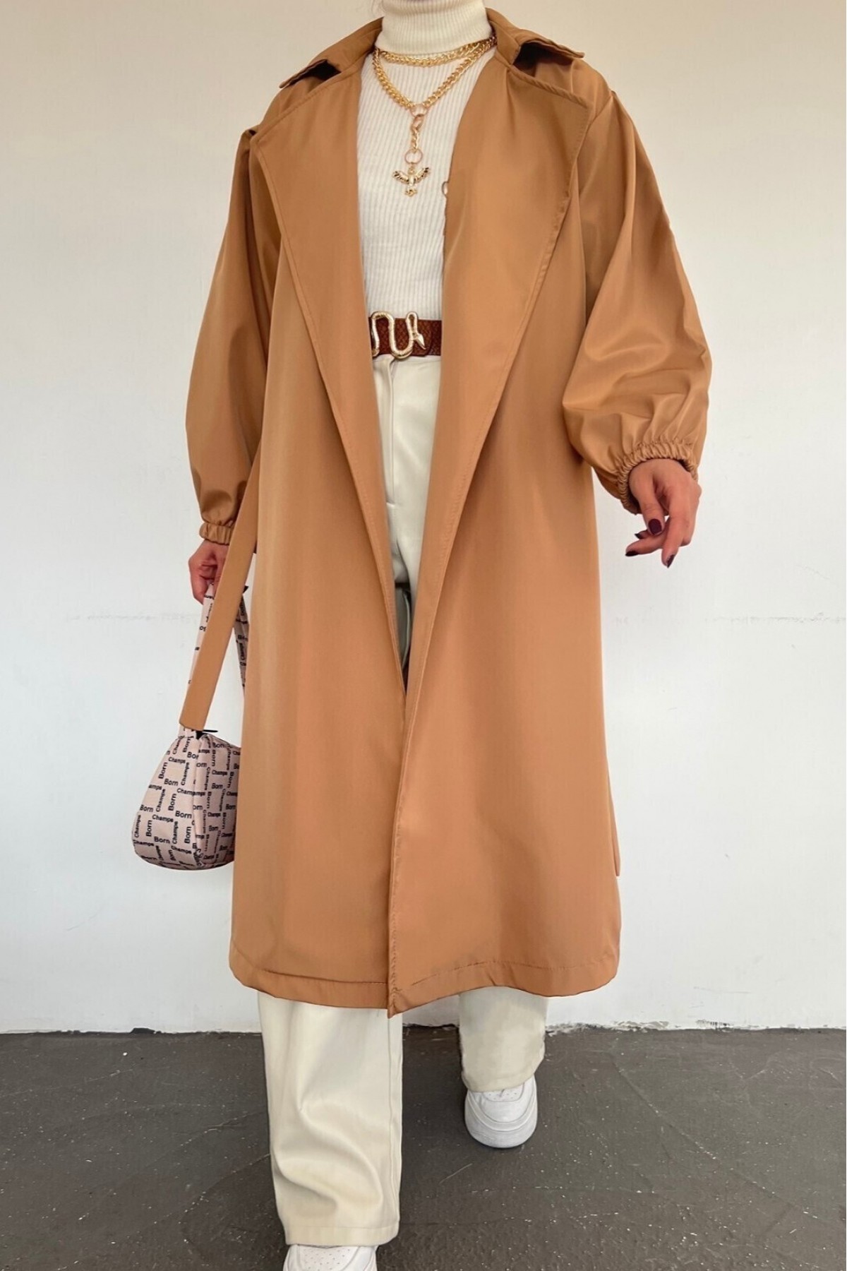 Tie Waist Elastic Arm Hijab Trench Coat -Mink color