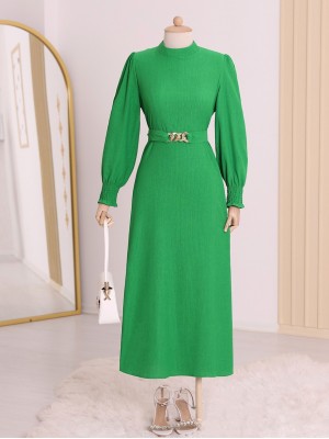 Belt Chain Detailed Crinkle Veiling Dress -Green