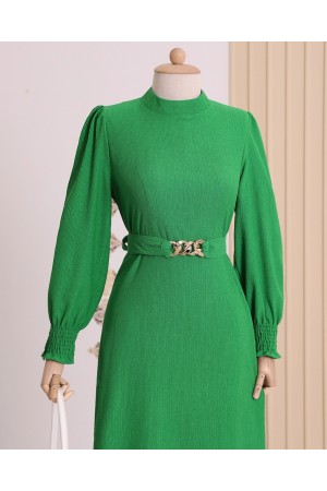 Belt Chain Detailed Crinkle Veiling Dress -Green