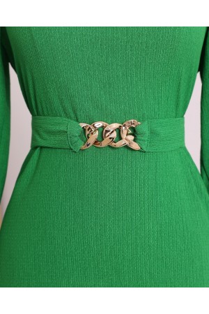 Belt Chain Detailed Crinkle Veiling Dress -Green
