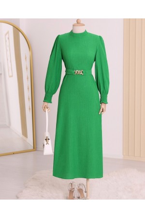Belt Chain Detailed Crinkle Veiling Dress -Green