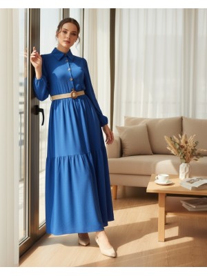 Pieced Half Button Belted Crinkle Dress  -Dark blue