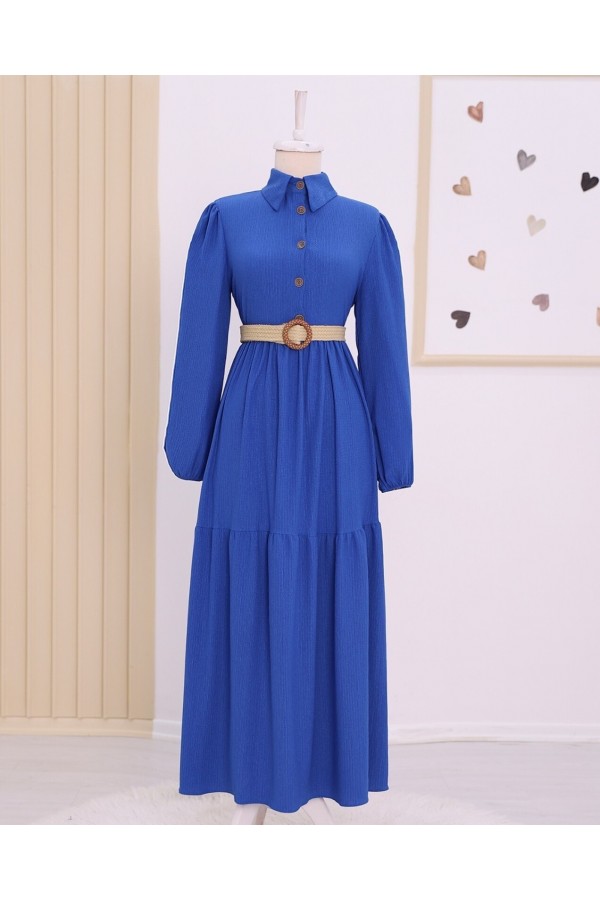 Pieced Half Button Belted Crinkle Dress  -Dark blue