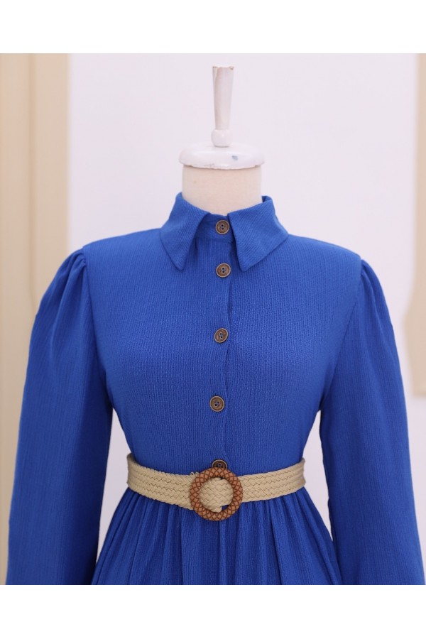 Pieced Half Button Belted Crinkle Dress  -Dark blue