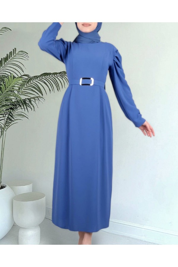 Watermelon Sleeve Buckle Belted Dress -İndigo