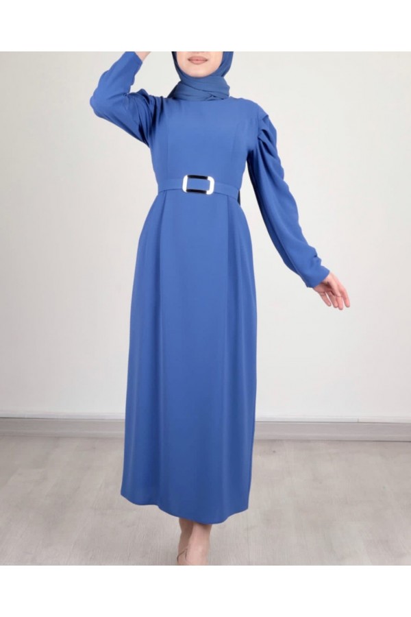 Watermelon Sleeve Buckle Belted Dress -İndigo