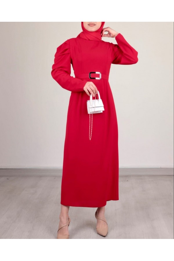 Watermelon Sleeve Buckle Belted Dress -Red