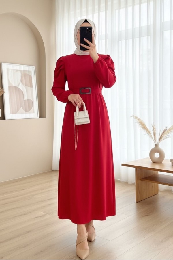 Watermelon Sleeve Buckle Belted Dress -Red
