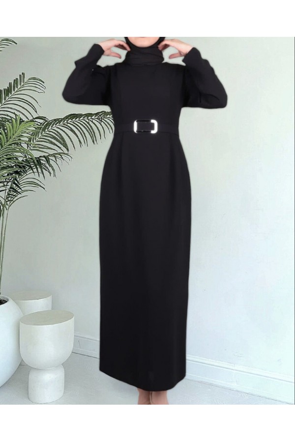 Watermelon Sleeve Buckle Belted Dress -Black