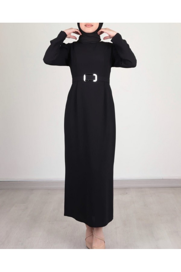 Watermelon Sleeve Buckle Belted Dress -Black