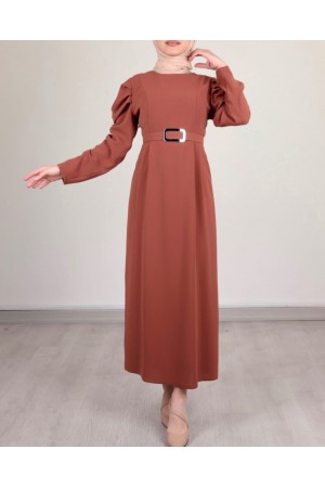 فستان بحزام بأكمام بطيخ -بني كاشف