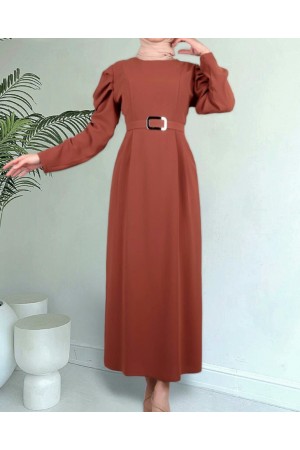 فستان بحزام بأكمام بطيخ -بني كاشف
