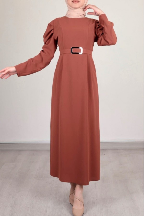 Watermelon Sleeve Buckle Belted Dress -Snuff