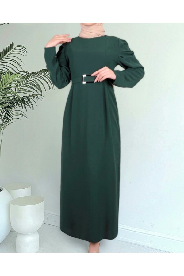 Watermelon Sleeve Buckle Belted Dress -Emerald