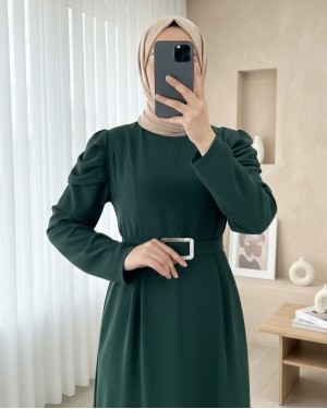 Karpuz Kol Tokalı Kemerli Elbise -Zümrüt