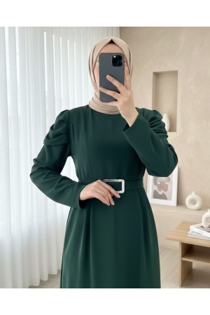 Karpuz Kol Tokalı Kemerli Elbise -Zümrüt