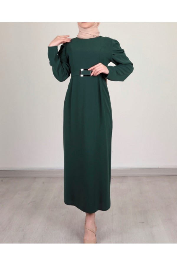 Watermelon Sleeve Buckle Belted Dress -Emerald
