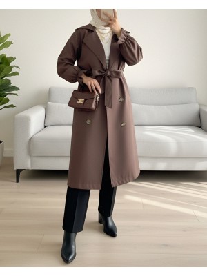 Kolu Lastikli Cepli Kuşaklı Trençkot -Kahve