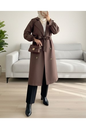 Kolu Lastikli Cepli Kuşaklı Trençkot -Kahve