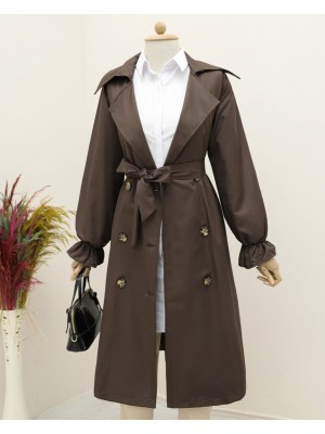Kolu Lastikli Cepli Kuşaklı Trençkot -Kahve