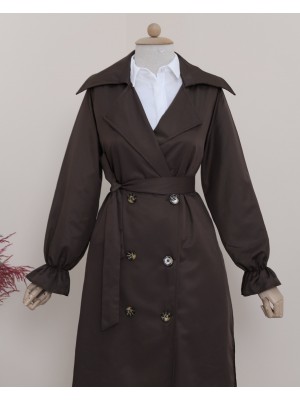 Kolu Lastikli Cepli Kuşaklı Trençkot -Kahve