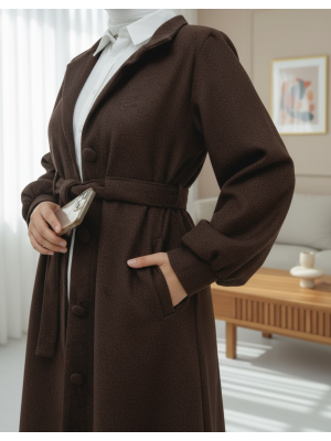 Hakim Yaka Tünel Bağcıklı Kaşe Kaban  -K. Kahve