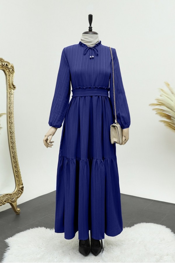 Seersucker dress with ruffle collar -Navy blue