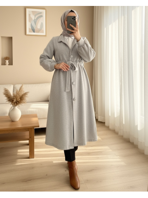 Hakim Yaka Tünel Bağcıklı Kaşe Kaban   -Açık Gri